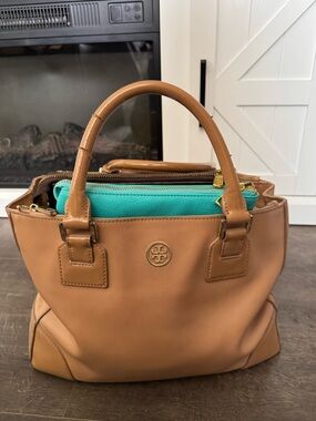 Tory Burch Tan Leather Satchel with Turquoise Zip Pouch